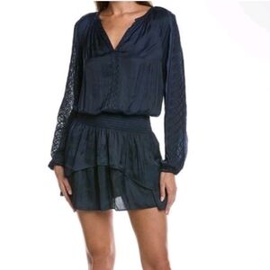 Ramy Brook Winnie Long Sleeve Split Neckline Lace Paneling Smocked Mini Dress